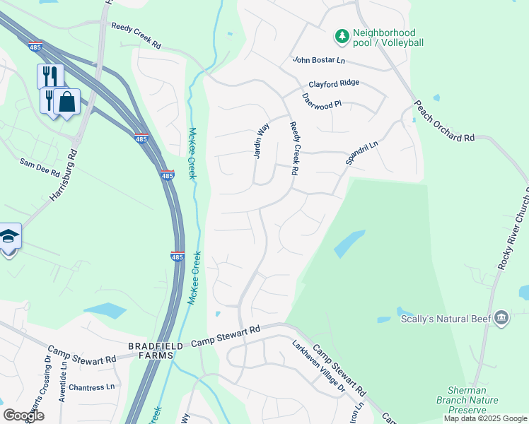 map of restaurants, bars, coffee shops, grocery stores, and more near 6710 Reedy Creek Road in Charlotte
