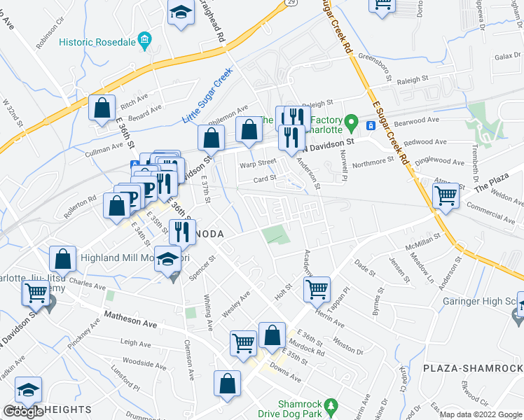 map of restaurants, bars, coffee shops, grocery stores, and more near 2944 Textile Way in Charlotte
