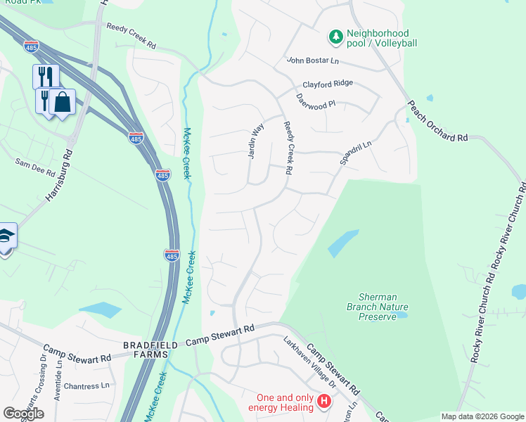 map of restaurants, bars, coffee shops, grocery stores, and more near 6710 Reedy Creek Road in Charlotte