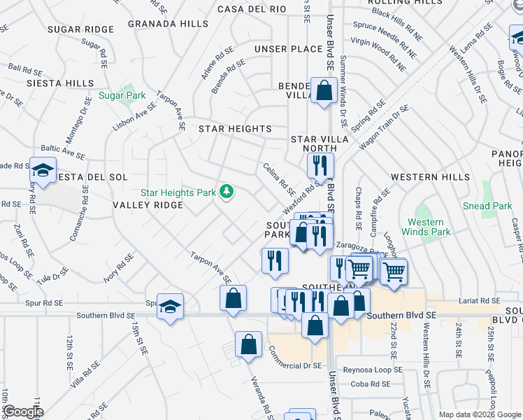map of restaurants, bars, coffee shops, grocery stores, and more near 1766 Borealis Avenue Southeast in Rio Rancho
