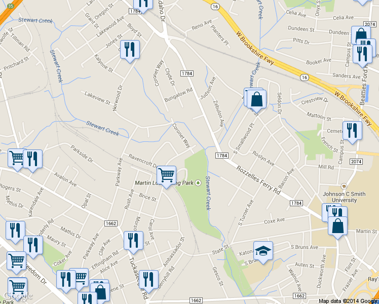 map of restaurants, bars, coffee shops, grocery stores, and more near 801 Yellowstone Drive in Charlotte
