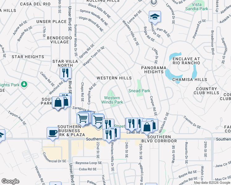 map of restaurants, bars, coffee shops, grocery stores, and more near 684 Buckboard Road Southeast in Rio Rancho
