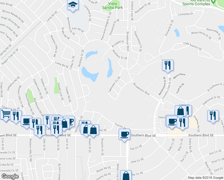 map of restaurants, bars, coffee shops, grocery stores, and more near 653 Lakeview Circle Southeast in Rio Rancho