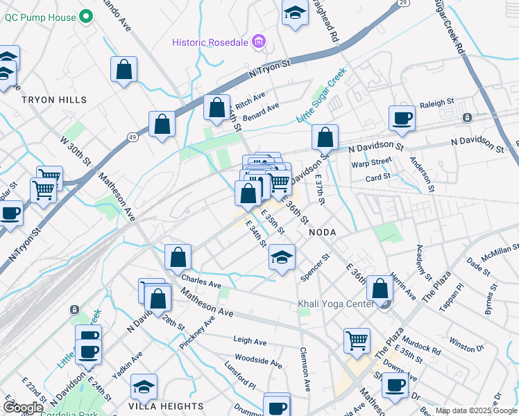 map of restaurants, bars, coffee shops, grocery stores, and more near 514 East 35th Street in Charlotte
