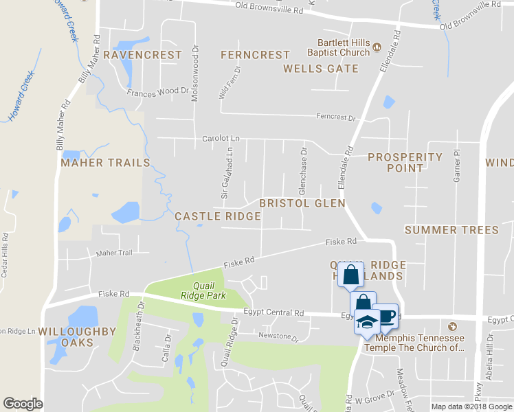 map of restaurants, bars, coffee shops, grocery stores, and more near 4445 Guinevere Ln in Bartlett
