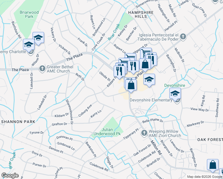 map of restaurants, bars, coffee shops, grocery stores, and more near in Charlotte