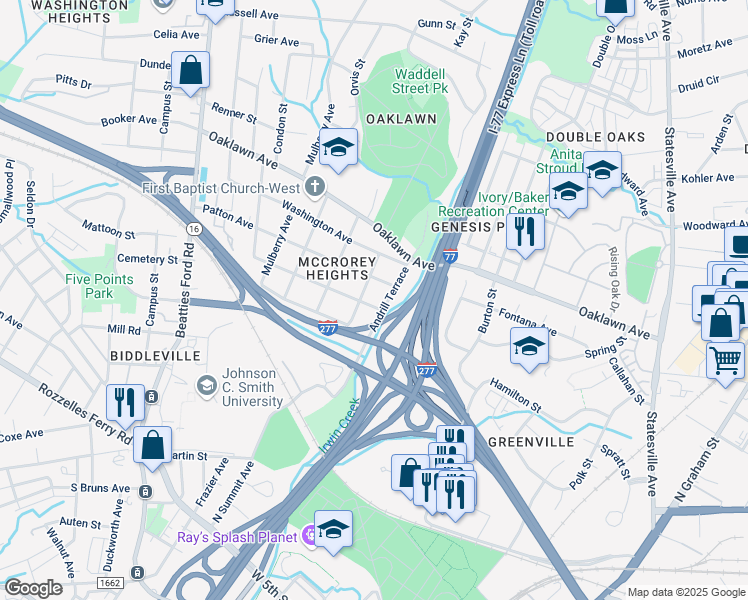 map of restaurants, bars, coffee shops, grocery stores, and more near 1608 Madison Avenue in Charlotte