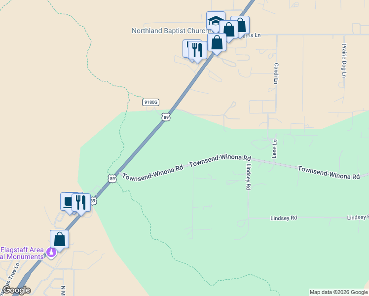 map of restaurants, bars, coffee shops, grocery stores, and more near 5059 Townsend-Winona Road in Flagstaff