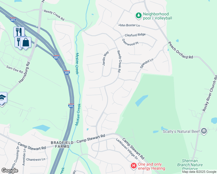 map of restaurants, bars, coffee shops, grocery stores, and more near 6710 Reedy Creek Road in Charlotte