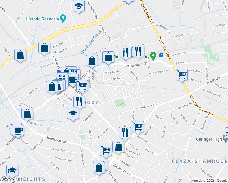 map of restaurants, bars, coffee shops, grocery stores, and more near 2944 Textile Way in Charlotte