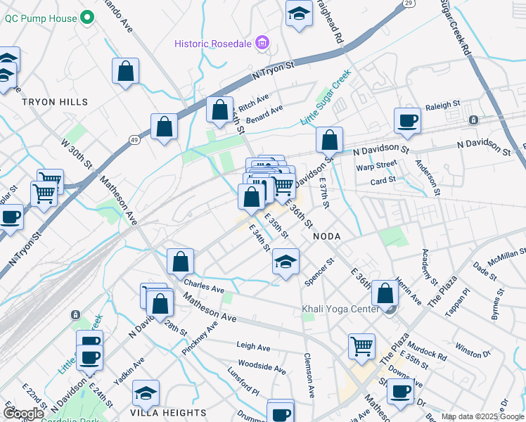 map of restaurants, bars, coffee shops, grocery stores, and more near 514 East 35th Street in Charlotte