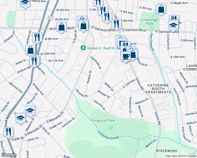 map of restaurants, bars, coffee shops, grocery stores, and more near 430 Osceola Street in Gastonia