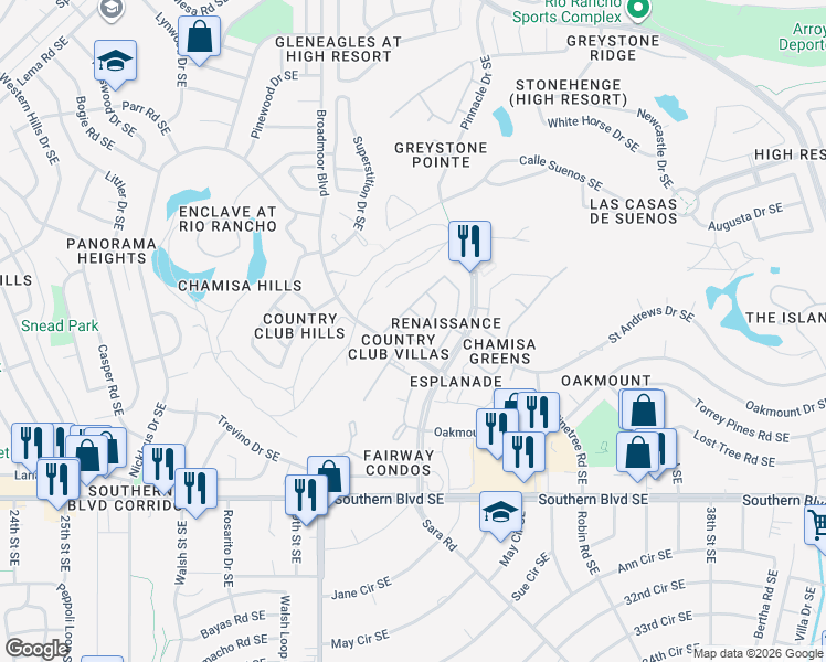 map of restaurants, bars, coffee shops, grocery stores, and more near 712 Renaissance Loop Southeast in Rio Rancho