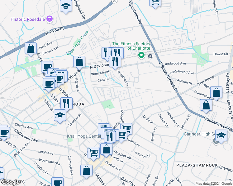 map of restaurants, bars, coffee shops, grocery stores, and more near 844 Academy Street in Charlotte