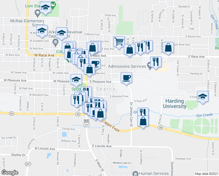 map of restaurants, bars, coffee shops, grocery stores, and more near 410 East Park Avenue in Searcy