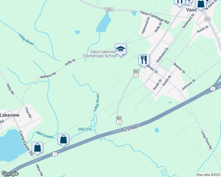 map of restaurants, bars, coffee shops, grocery stores, and more near 6 Allyson Place in Vass