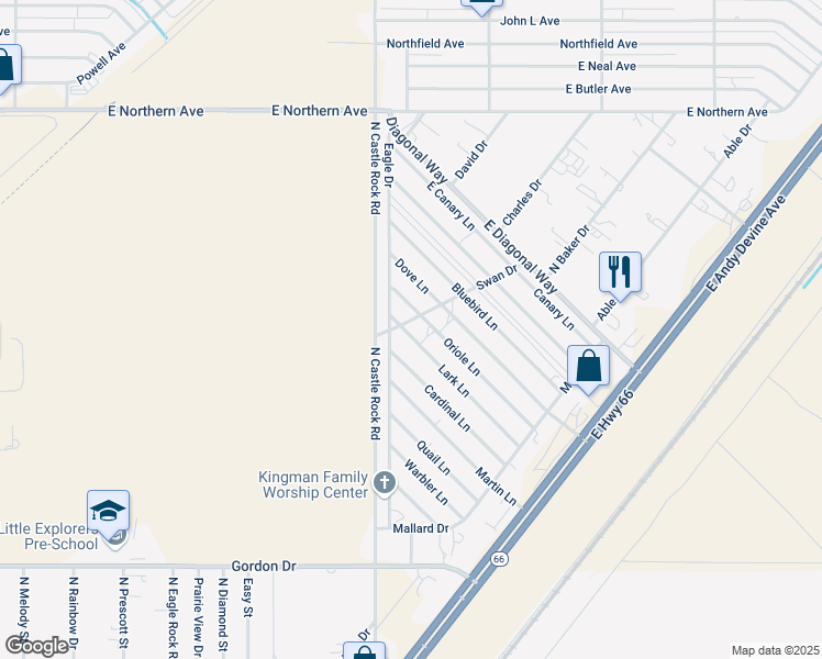 map of restaurants, bars, coffee shops, grocery stores, and more near 3537 Lark Lane in Kingman