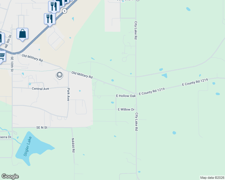 map of restaurants, bars, coffee shops, grocery stores, and more near 1718 E1219 Road in Stigler