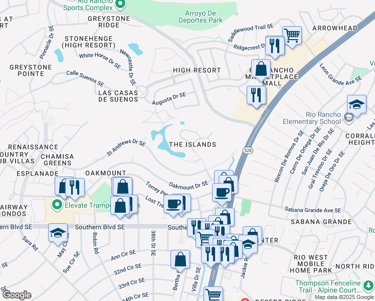 map of restaurants, bars, coffee shops, grocery stores, and more near 605 Eastlake Court Southeast in Rio Rancho
