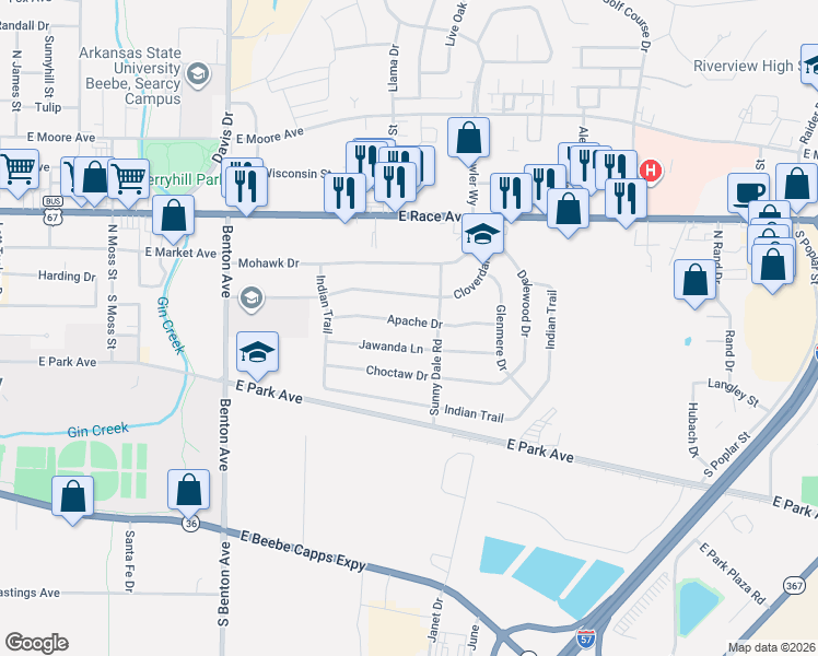 map of restaurants, bars, coffee shops, grocery stores, and more near 107 Apache Drive in Searcy