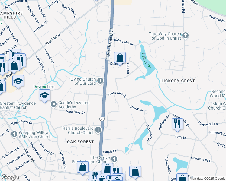 map of restaurants, bars, coffee shops, grocery stores, and more near 7724 Linda Lake Drive in Charlotte