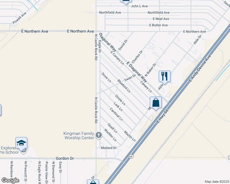map of restaurants, bars, coffee shops, grocery stores, and more near 3575 Oriole Lane in Kingman
