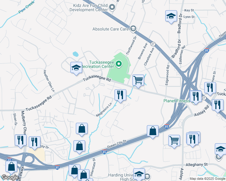 map of restaurants, bars, coffee shops, grocery stores, and more near 1847 J Julian Lane in Charlotte
