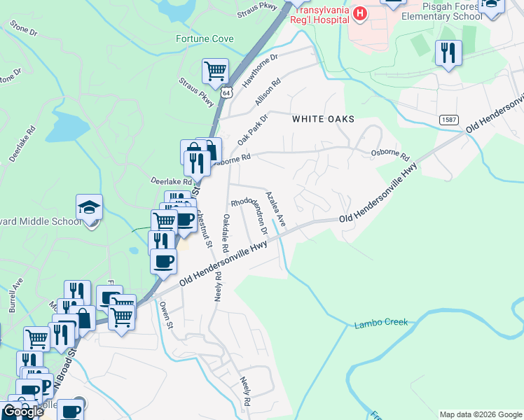 map of restaurants, bars, coffee shops, grocery stores, and more near 132 Highland Road in Brevard