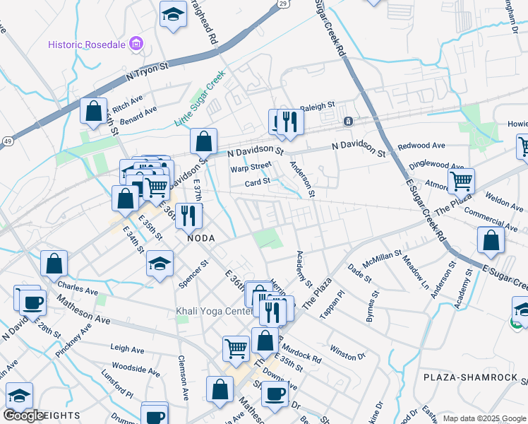 map of restaurants, bars, coffee shops, grocery stores, and more near 3471 Steel Yard Court in Charlotte