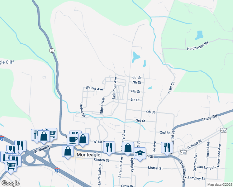map of restaurants, bars, coffee shops, grocery stores, and more near 67 Red Bud Avenue in Monteagle