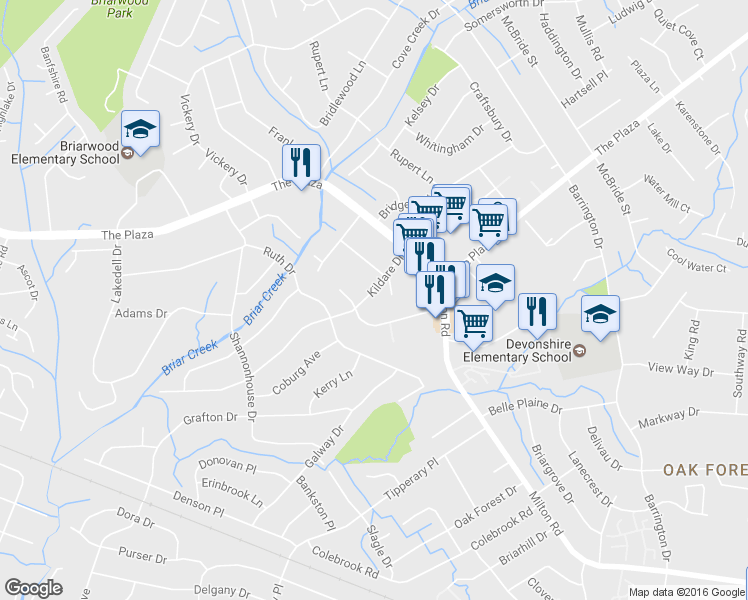 map of restaurants, bars, coffee shops, grocery stores, and more near 5618 Kildare Drive in Charlotte