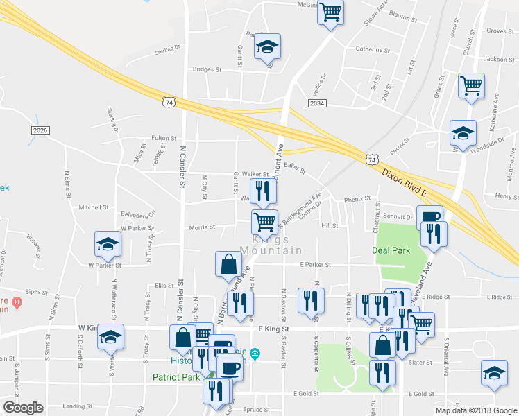 map of restaurants, bars, coffee shops, grocery stores, and more near 419 Stroup Road in Kings Mountain
