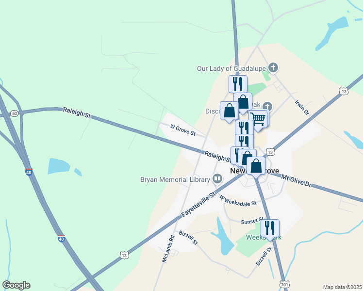 map of restaurants, bars, coffee shops, grocery stores, and more near North Carolina 50 in Newton Grove
