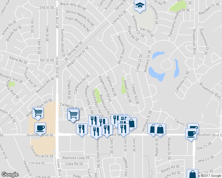 map of restaurants, bars, coffee shops, grocery stores, and more near 641 Stallion Road Southeast in Rio Rancho