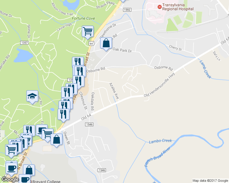 map of restaurants, bars, coffee shops, grocery stores, and more near 214 Azalea Avenue in Brevard