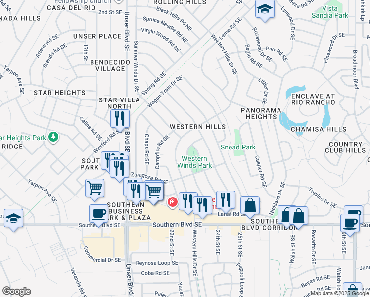 map of restaurants, bars, coffee shops, grocery stores, and more near 683 Chuckwagon Road Southeast in Rio Rancho