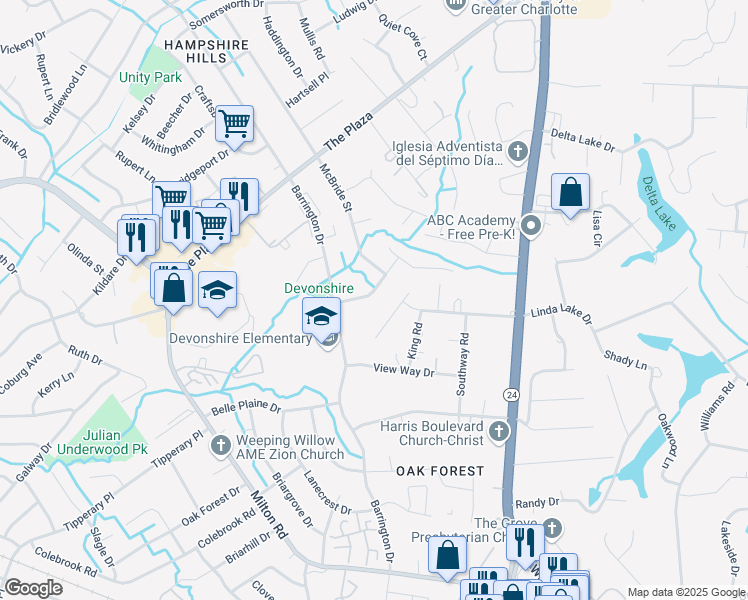 map of restaurants, bars, coffee shops, grocery stores, and more near 6536 Rosecran Drive in Charlotte