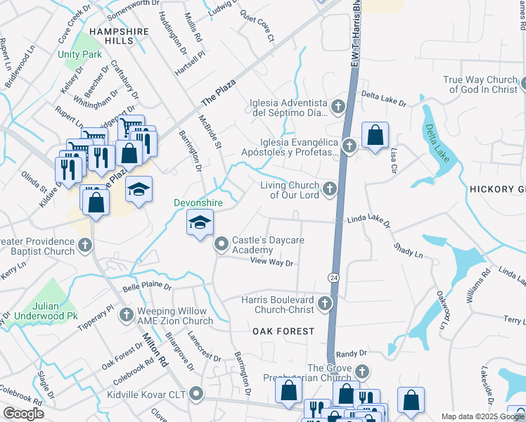 map of restaurants, bars, coffee shops, grocery stores, and more near 8058 Linda Lake Drive in Charlotte