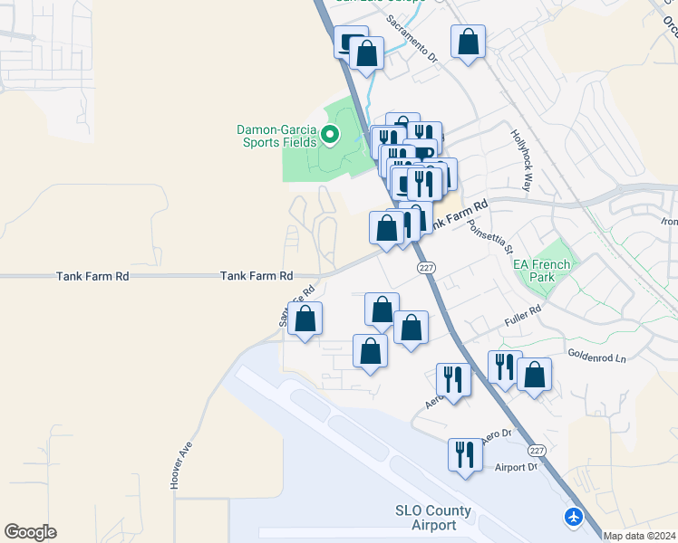 map of restaurants, bars, coffee shops, grocery stores, and more near 651 Tank Farm Road in San Luis Obispo