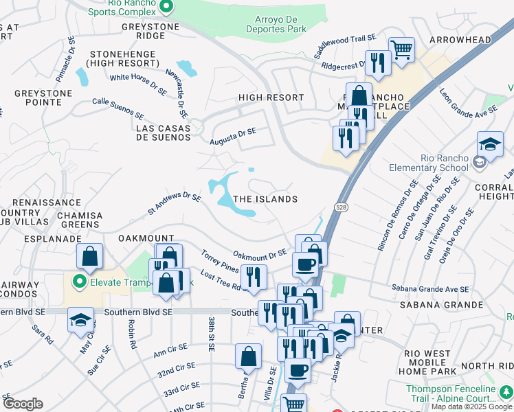 map of restaurants, bars, coffee shops, grocery stores, and more near 605 Eastlake Court Southeast in Rio Rancho