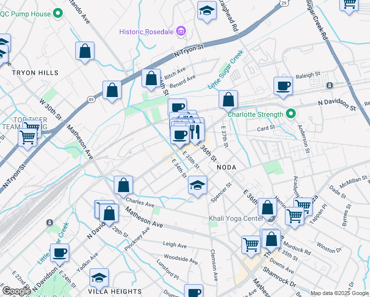 map of restaurants, bars, coffee shops, grocery stores, and more near 514 East 35th Street in Charlotte