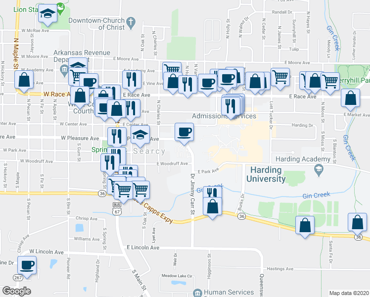 map of restaurants, bars, coffee shops, grocery stores, and more near 563 East Park Avenue in Searcy