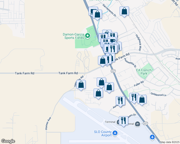 map of restaurants, bars, coffee shops, grocery stores, and more near 645 Tank Farm Road in San Luis Obispo