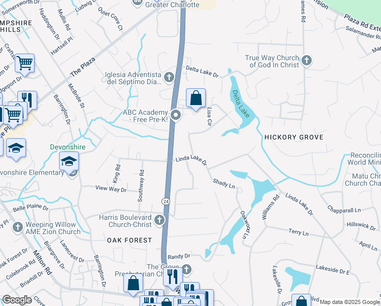 map of restaurants, bars, coffee shops, grocery stores, and more near 7724 Linda Lake Drive in Charlotte