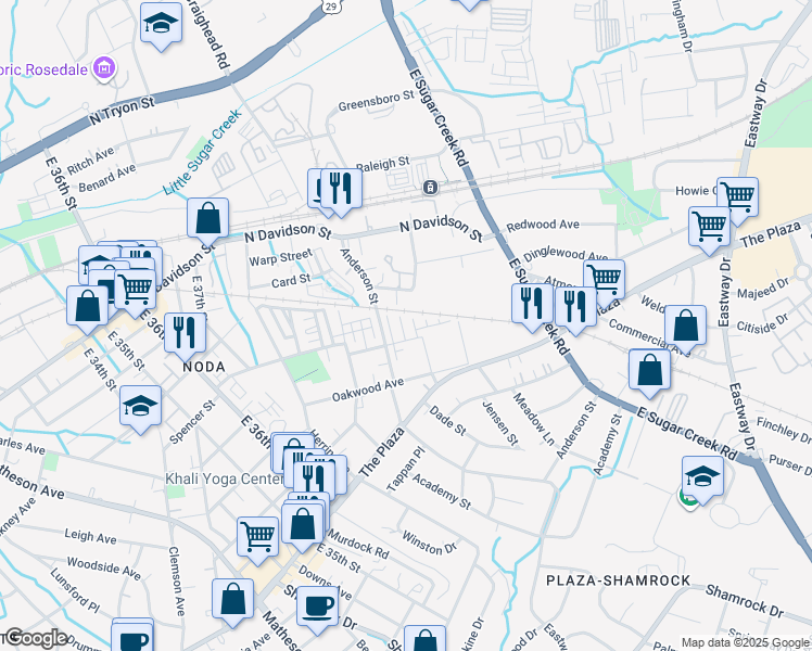 map of restaurants, bars, coffee shops, grocery stores, and more near 801 Anderson Street in Charlotte