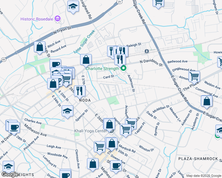 map of restaurants, bars, coffee shops, grocery stores, and more near 3471 Steel Yard Court in Charlotte
