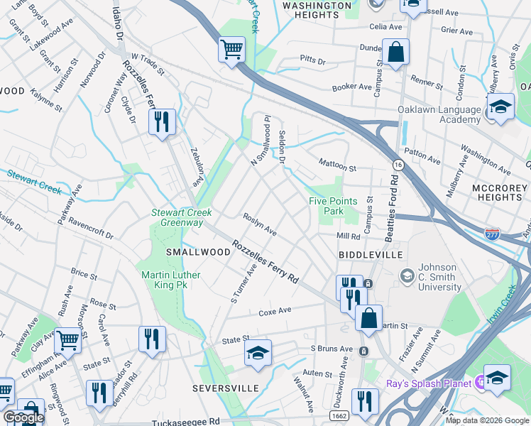 map of restaurants, bars, coffee shops, grocery stores, and more near 140 South Gardner Avenue in Charlotte