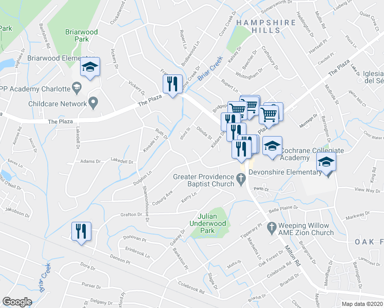 map of restaurants, bars, coffee shops, grocery stores, and more near 5524 Joyce Drive in Charlotte