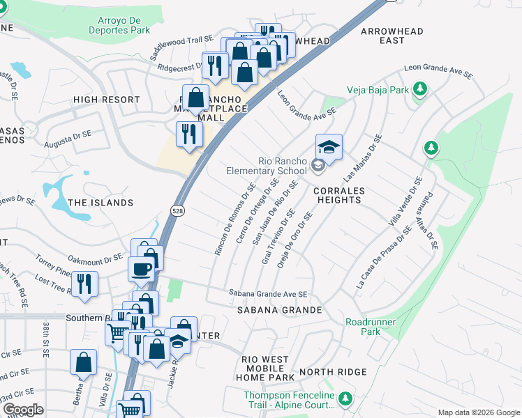map of restaurants, bars, coffee shops, grocery stores, and more near 604 Cerro De Ortega Drive Southeast in Rio Rancho