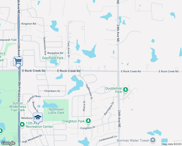 map of restaurants, bars, coffee shops, grocery stores, and more near 2023 Turtle Creek Way in Norman